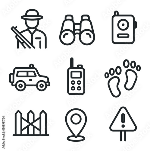 Anti-Poaching Icons Grid. Outline icon set of anti-poaching measures: ranger patrol, binoculars, camera trap, patrol vehicle,
