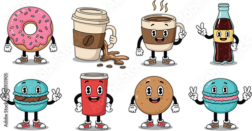 Cute cartoon snacks and beverages characters for fun design projects. Vector illustration