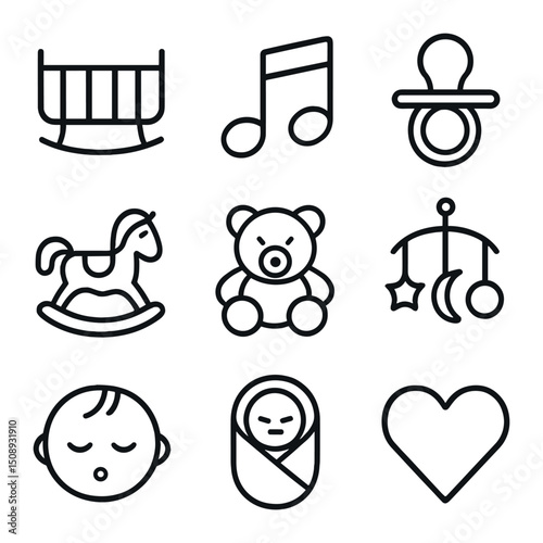 Baby Bonding Icons. Outline icon set of bonding and lullaby moments: baby cradle, musical note, pacifier, rocking horse, teddy