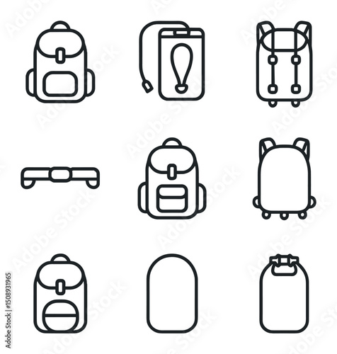 Backpack Icon Set. Outline icon set of backpacks and storage: daypack, hydration bladder, compression straps, hip belt, external