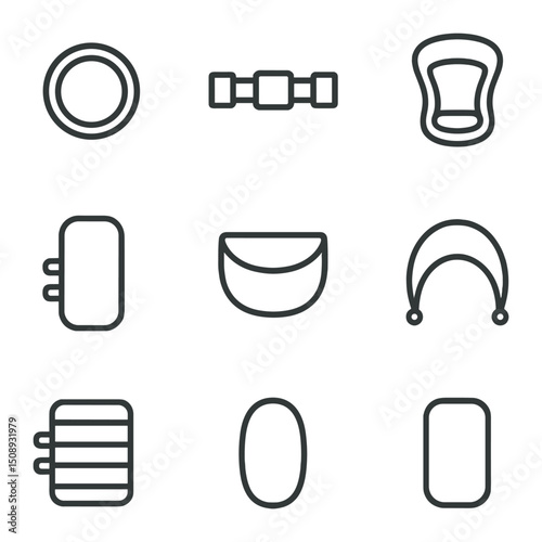 Babywearing Accessories Icons. Outline icon set of babywearing accessories: sling ring, waist belt, infant insert, drool pad,