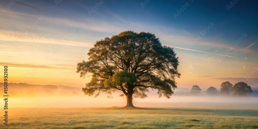Fototapeta premium A stunning ash tree standing alone in a misty forest landscape at dawn, solo tree