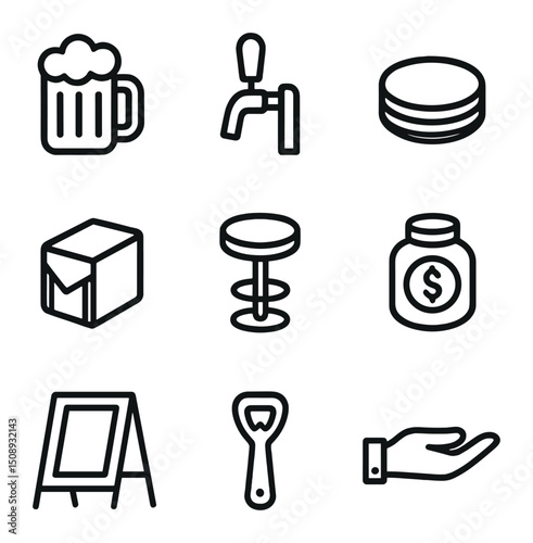 Bar Icon Set. Outline icon set of bar counter beer mug service: beer mug, tap handle, coaster stack, napkin dispenser, bar stool,
