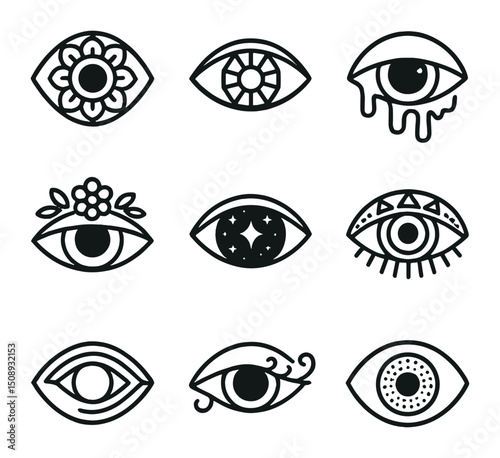 Artistic Eye Icons. Outline icon set of artistic eye motifs: mandala iris, geometric pupil, surreal melting eye, floral eyelid,