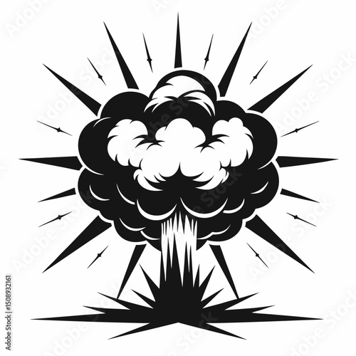 Bomb explosion vector. Atomic explosion with smoke, flame and particles cartoon illustration