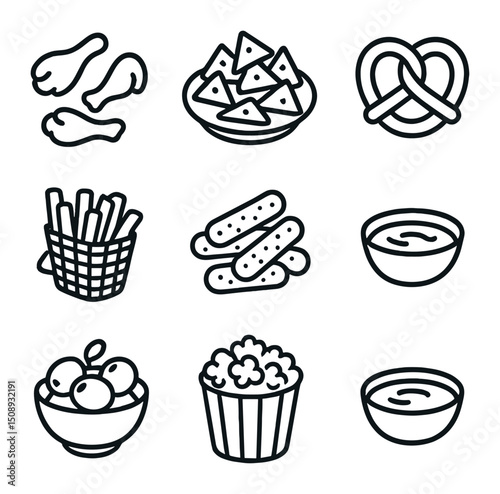 Bar Snack Icons. Outline icon set of bar snacks: chicken wings, nachos plate, pretzel, sliders, fries basket, mozzarella sticks,