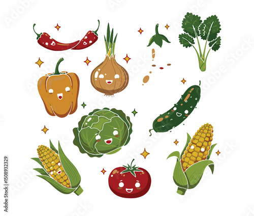 Adorable Cartoon Vegetables  Cute Illustrations of Peppers, Onions, Corn, and More!