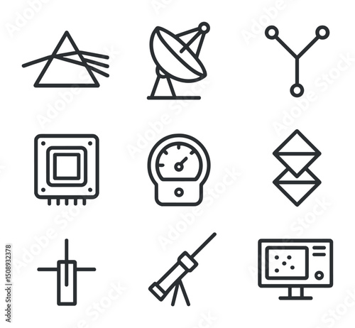 Astrophysics Instrument Icons. Outline icon set of astrophysics instruments: spectrometer prism, radio telescope dish,