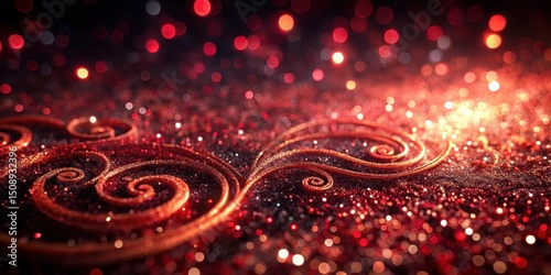 Sparkling red glitter overlay on a dark abstract background with swirly patterns and shapes