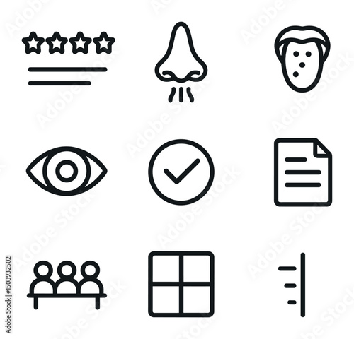 Beer Tasting Icons. Outline icon set of beer tasting scorecards: rating stars, aroma nose icon, taste buds, mouthfeel tongue,