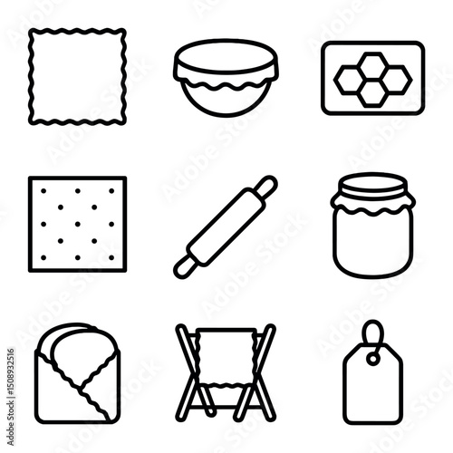 Beeswax Wrap Icon Set. Outline icon set of beeswax wrap storage: wrap sheet, baked bowl, beeswax block, fabric pattern, rolling