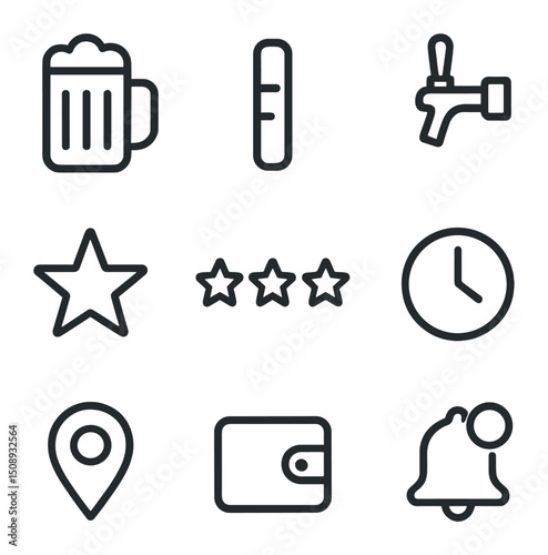 Beer App Icon Set. Outline icon set of beer mug app interface icons: beer mug icon, fill level bar, tap icon, favorites star,