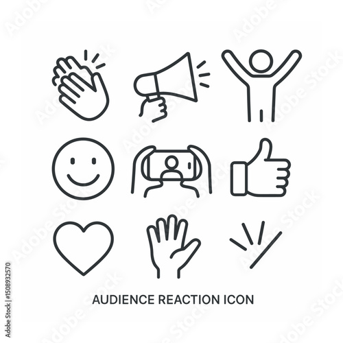 Audience Reaction Icons. Outline icon set of audience reaction icons: clapping hands, cheering megaphone, standing ovation