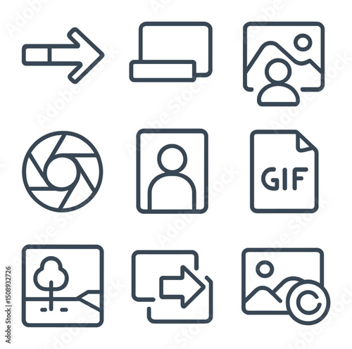 Audio-Visual Icon Set. Outline icon set of audio-visual effects: transition arrow, lower third banner, virtual background, color