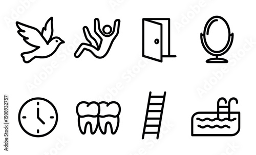 Symbol collection of dove, falling person, door, mirror, clock, teeth, ladder, and pool