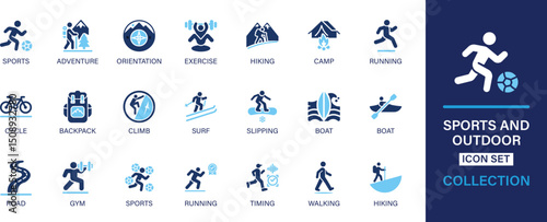 Sports and Outdoor icon set collection. Adventure, orientation, exercise, hiking, camp, running, cycle, backpack, climb, surf, boat, gym . And solid icon set collection.