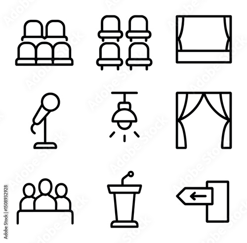 Auditorium Icon Set. Outline icon set of auditorium seating: chair row, aisle, stage, microphone, spotlight, curtains, podium,