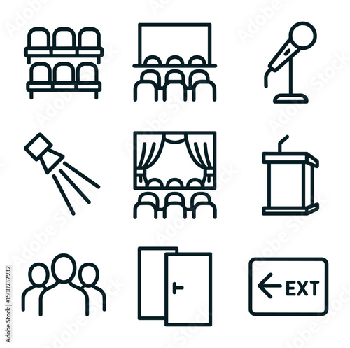 Auditorium Icon Set. Outline icon set of auditorium seating: chair row, aisle, stage, microphone, spotlight, curtains, podium,