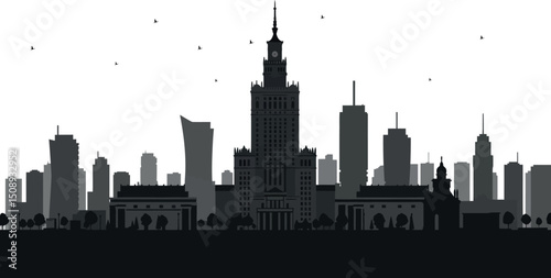 Silhouette of warsaw skyline with iconic buildings and skyscrapers at dusk. Vector illustration