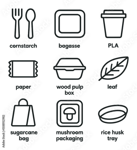 Biodegradable Packaging Icons. Outline icon set of biodegradable packaging: cornstarch cutlery, bagasse tray, PLA cup, paper