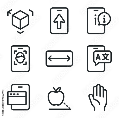 Augmented Reality Icons. Outline icon set of augmented reality features: 3D object overlay, navigation arrow, information tag,