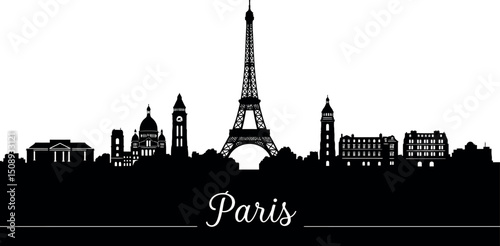 Elegant paris city skyline silhouette with iconic landmarks in black and white design. Vector illustration