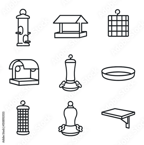 Bird Feeder Icons. Outline icon set of bird feeders & stations: tube feeder, platform feeder, suet feeder, window feeder,