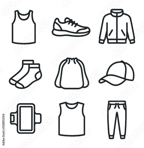 Activewear Icons Outline. Outline icon set of activewear collection: tank top, gym sneakers,