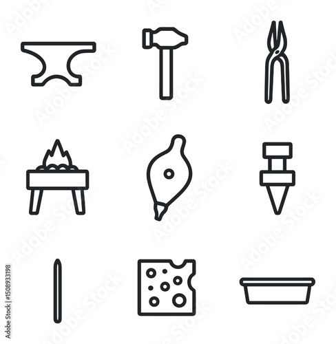 Blacksmith Tools Icons. Outline icon set of blacksmith forging tools: anvil, forge hammer, tongs, coal forge, bellows, hardy tool,