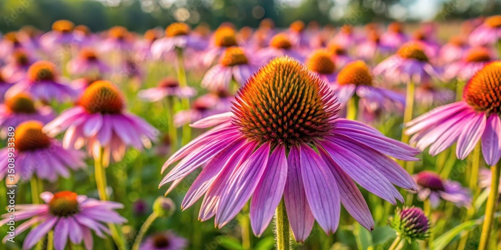Obraz premium A close-up shot of large showy purple coneflower blooms in a sunny meadow, flower fields