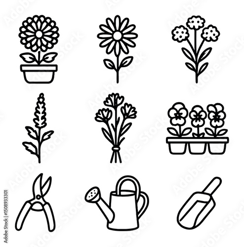Autumn Bloom Care Icons. Outline icon set of autumn bloom care: chrysanthemum pot, aster flower, sedum cluster, goldenrod stem,