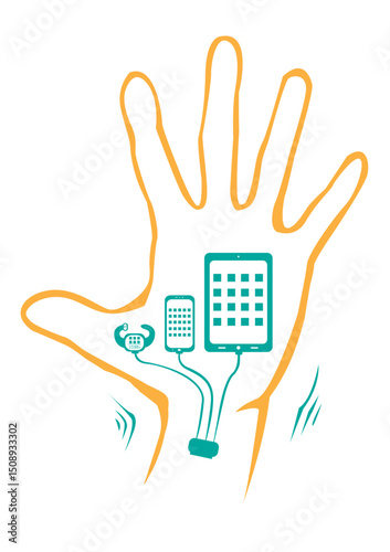 Wearable Technology and Hand Icon with Mobile Gadgets. Editable Clip Art.