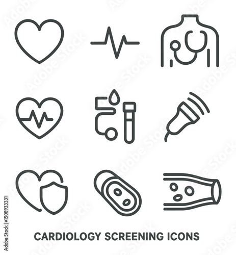 Cardiology Icon Set. Outline icon set of cardiology screening: heart outline, ECG waveform, stethoscope on chest, blood pressure