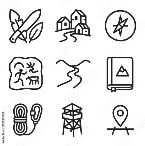 Adventure Icon Set. Outline icon set of adventure exploration icons: machete through foliage,