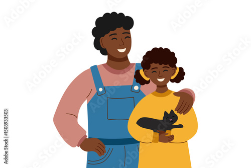 Family illustration clipart on white. Father and daughter with cat. Family concept, fathers day concept. Vector hand drawn illustration in flat style.