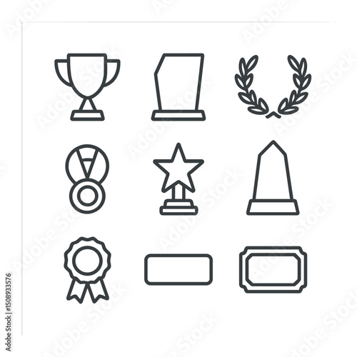 Award Icon Collection. Outline icon set of trophy and award designs: gold cup, crystal plaque, laurel wreath, medal ribbon, star