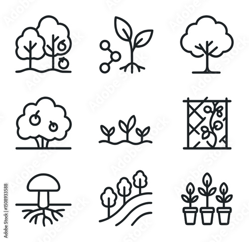Agroforestry Icon Set. Outline icon set of agroforestry design: food forest, nitrogen-fixing plant,