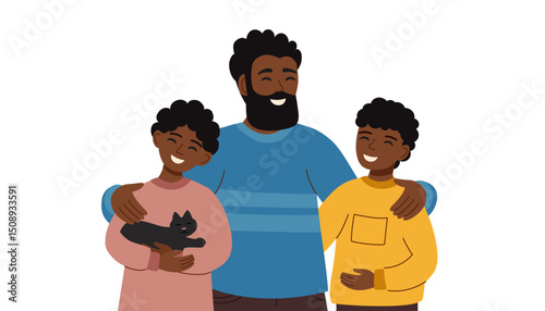 Family illustration clipart isolated on white. Father and sons and cat. Family concept, fathers day concept. Vector hand drawn illustration in flat style.