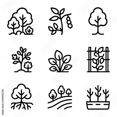 Agroforestry Icon Set. Outline icon set of agroforestry design: food forest, nitrogen-fixing plant,