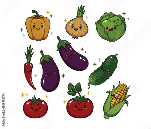 Adorable Kawaii Vegetable Illustrations  A Collection of Cute Cartoon Vegetables Perfect for Kids' Projects,  Educational Materials, and Fun Designs