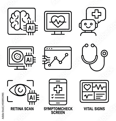 AI Healthcare Icons. Outline vector icons of AI healthcare diagnostic tools: AI brain scan, heart