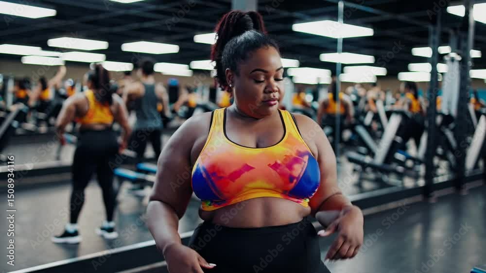 Fitness Journey: A determined individual in a sports bra standing confidently at a modern gym, surrounded by the tools and people of fitness, ready to pursue a healthy lifestyle. Fitness Journey: A determined individual in a sports bra standing confidently at a modern gym, surrounded by the tools and people of fitness, ready to pursue a healthy lifestyle.
