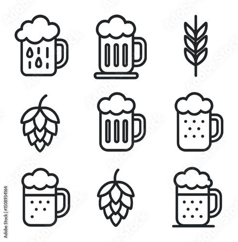 Beer Icons Set. Outline icon set of frothy beer mug details: beer mug, foam head, condensation droplets, handle grip, coaster,