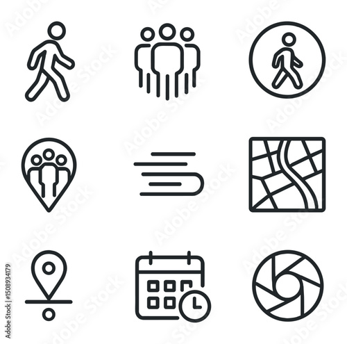 Crowd Motion Icons. Outline icon set of crowd motion studies: walking silhouette, group blur, pedestrian icon, flock pin, speed