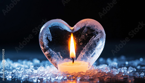 A warm candle flame glows inside a transparent heart-shaped ice block surrounded by a scattering of ice crystals on a dark background
