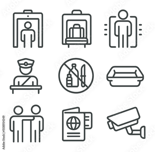 Airport Security Icons. Outline icon set of airport security process: metal detector, luggage