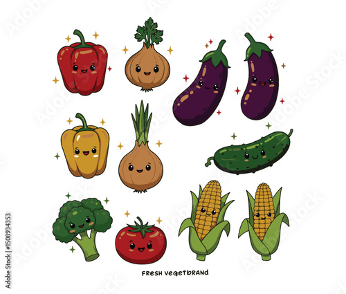 Adorable Kawaii Vegetable Characters  Illustration Set of Cute Cartoon Vegetables