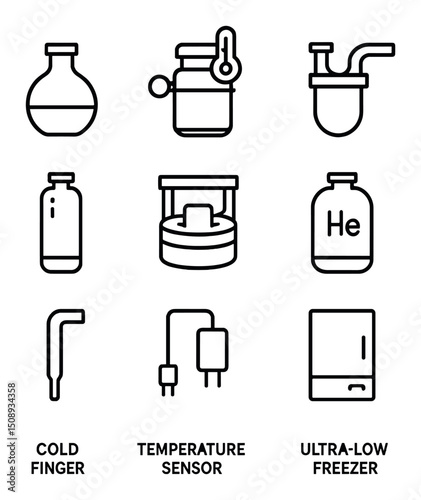 Cryogenic Icon Set. Outline icon set of cryogenics and low-temp science: Dewar flask, cryostat, cold trap, vacuum jacket,