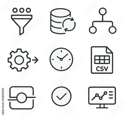 Data Integration Icons. Outline icon set of data integration workflows: ETL funnel, database sync, data map, transformation gear,