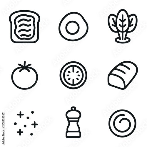 Breakfast Icon Set. Outline icon set of breakfast plating: avocado toast, poached egg, spinach nest, tomato confit, radish slice,
